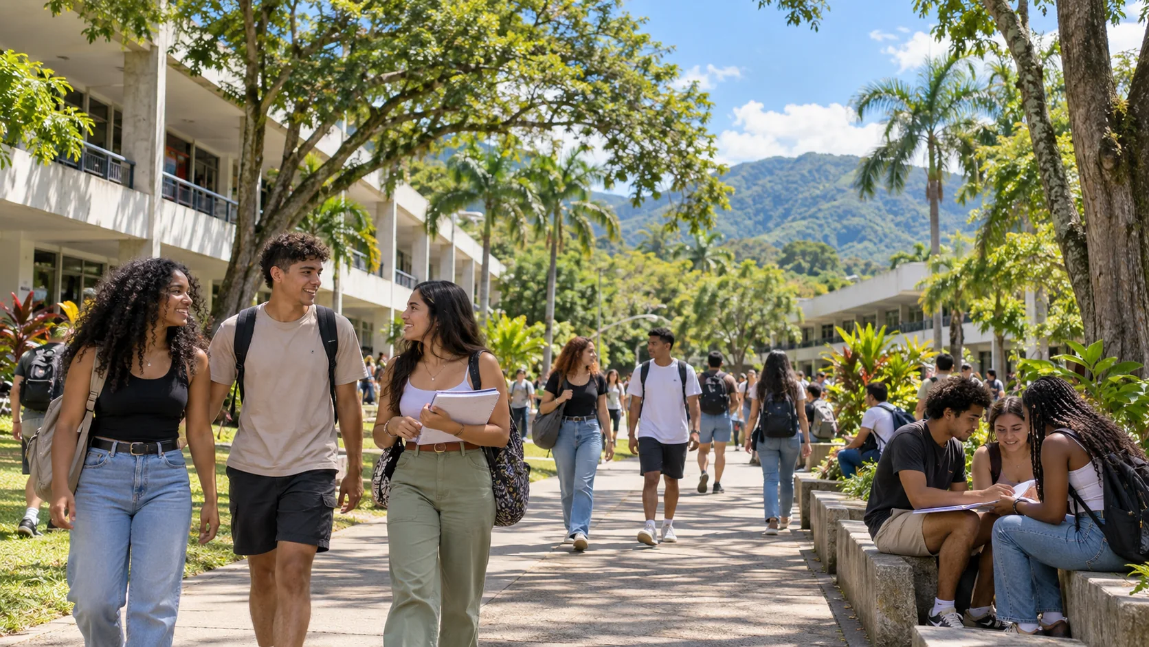 Ilustración fotorrealista de estudiantes en un campus público de ambiente tropical inspirado en Cali