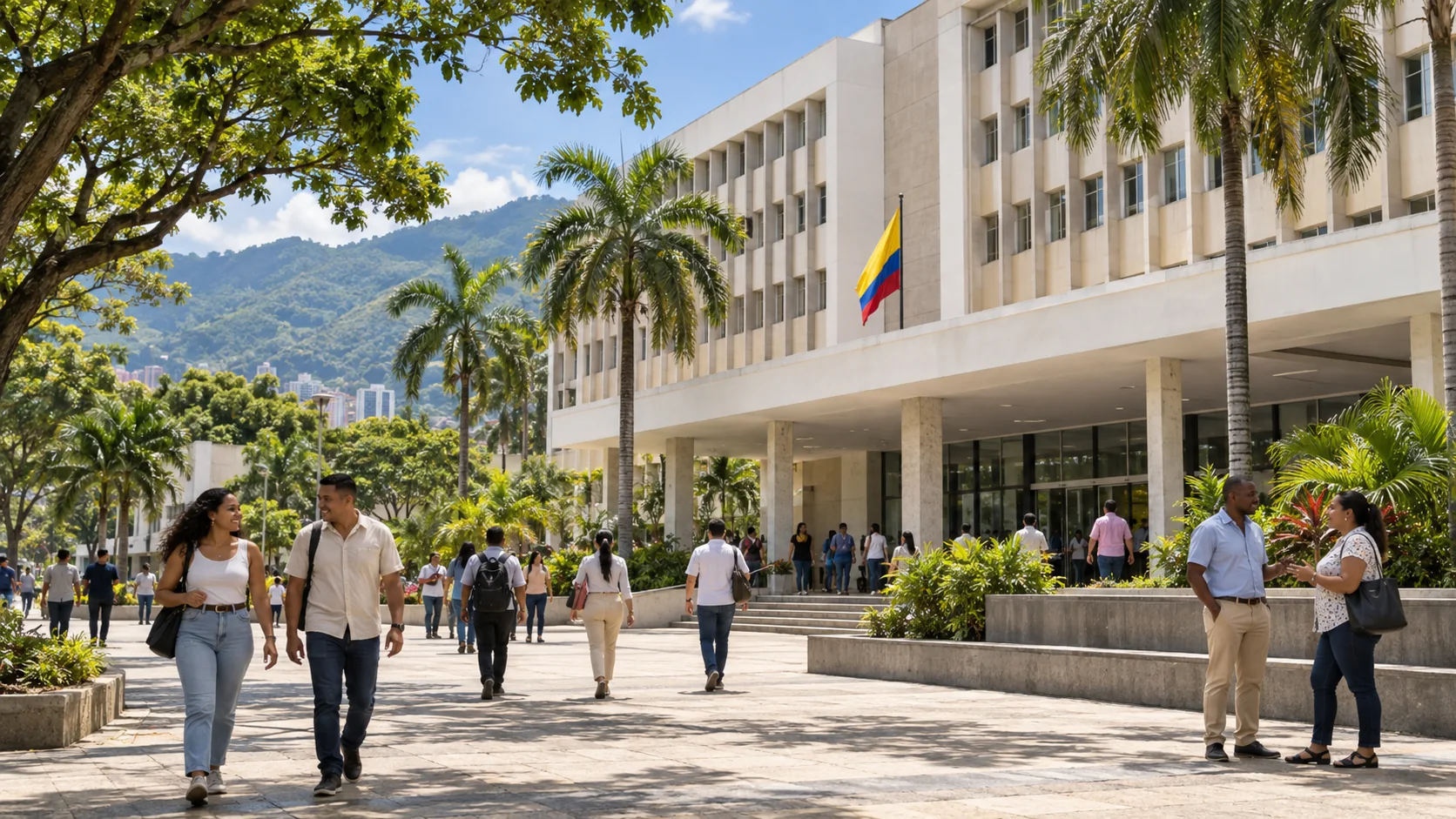 Ilustración fotorrealista de ciudadanos ante un edificio de administración pública en un entorno tropical inspirado en Cali