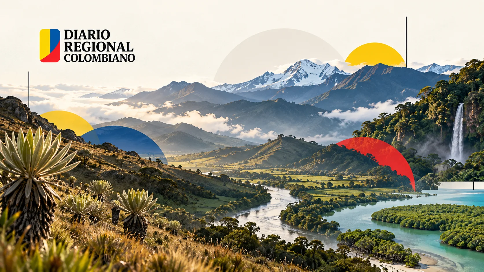 Ilustración editorial de montañas, ríos y paisajes del territorio colombiano